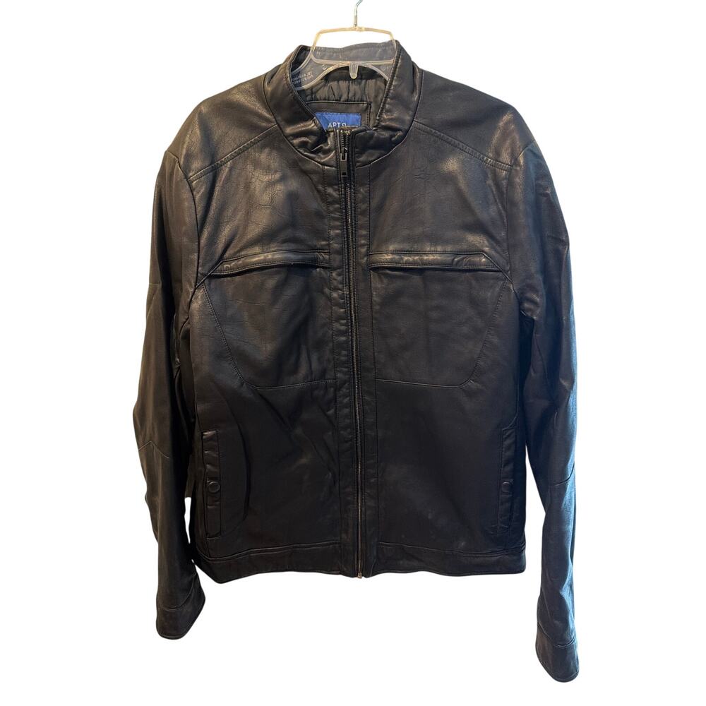 ⭐️ Mens Apt 9 Black Faux Leather Bomber Jacket Size Large Winter Classic